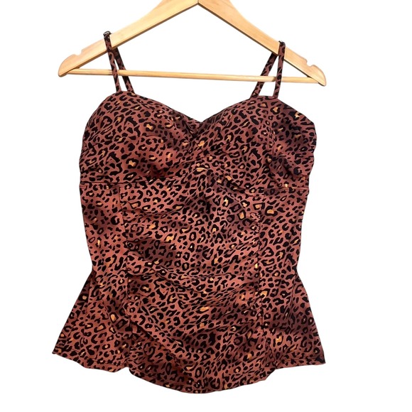Assets by Spanx Leopard Print Ruched‎ Tankini Swim Top Size Large - Picture 1 of 4